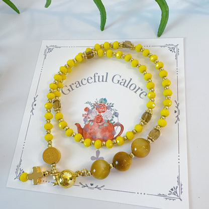 Yellow Opaque Crystal with Tiger Eyes Magnetic Rosary Bracelet