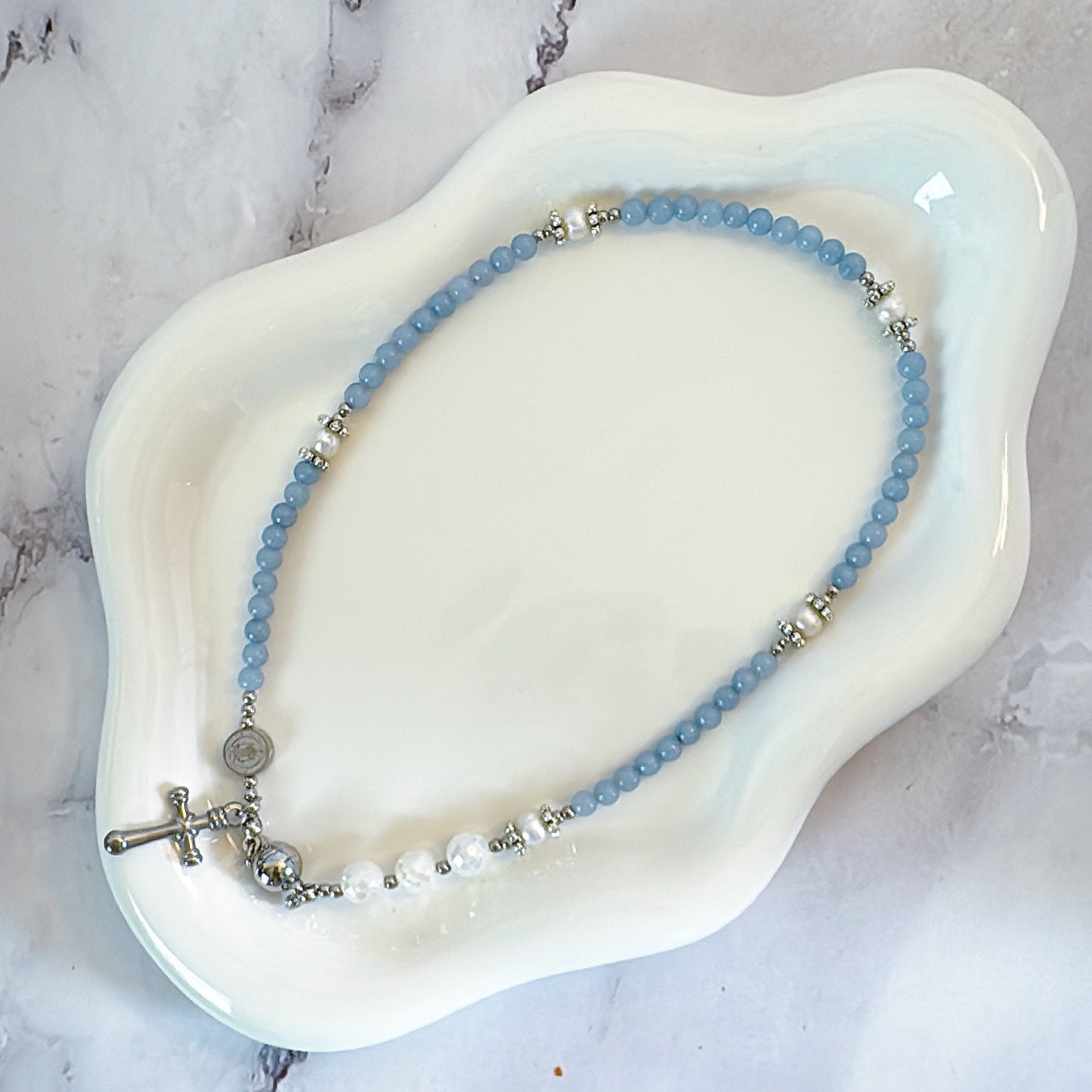 Light Blue Angelite with White Moonstone Magnetic Rosary Bracelet