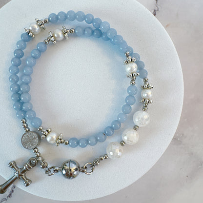 Light Blue Angelite with White Moonstone Magnetic Rosary Bracelet