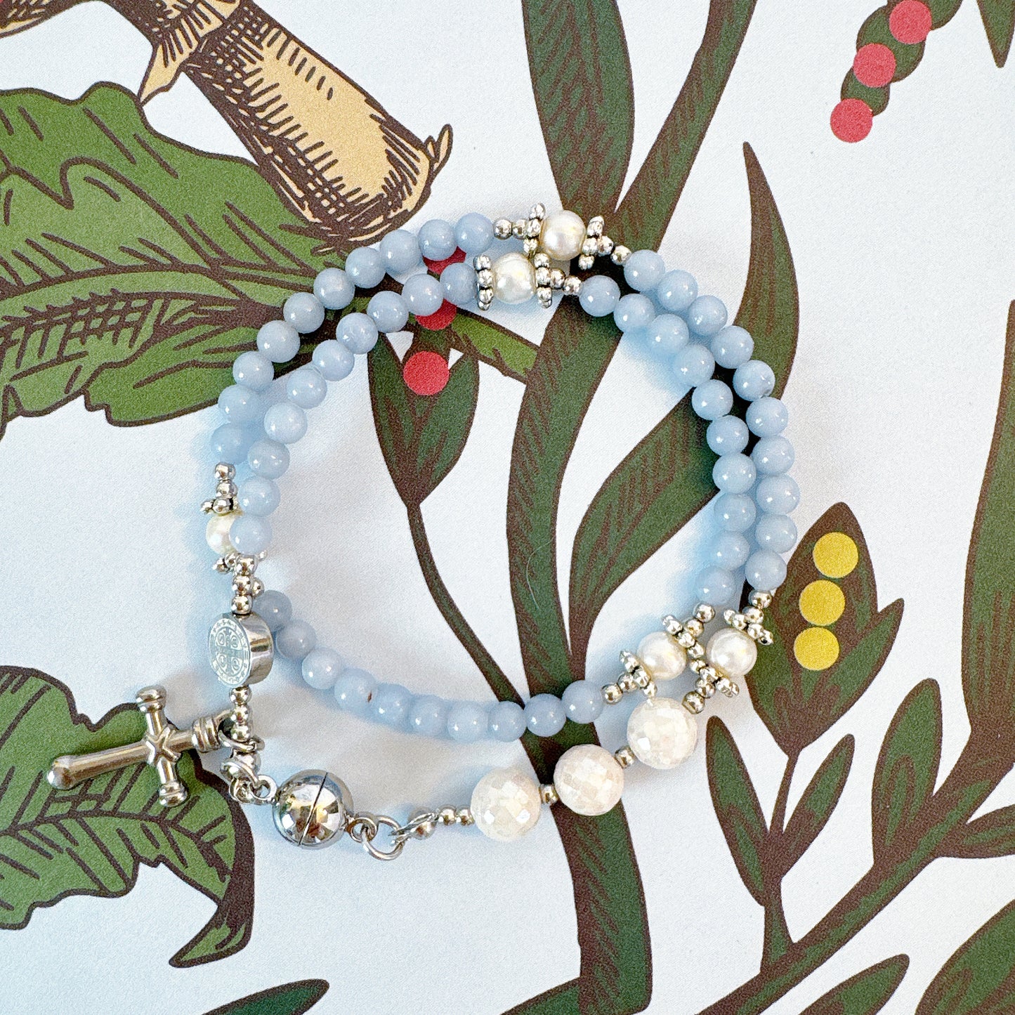 Light Blue Angelite with White Moonstone Magnetic Rosary Bracelet