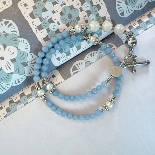 Light Blue Angelite with White Moonstone Magnetic Rosary Bracelet