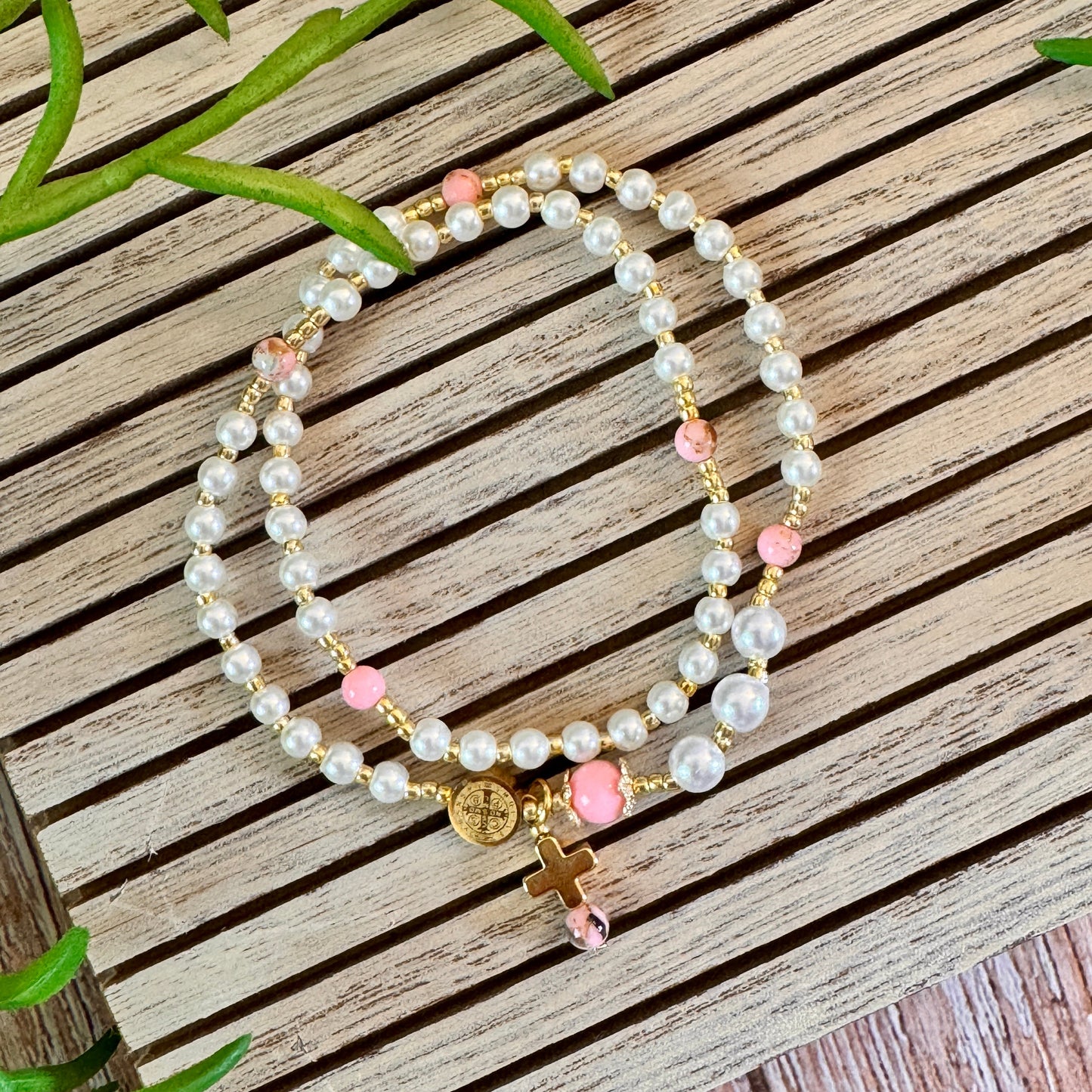 Pearl Beads & Pink Turquoise Rosary Bracelet