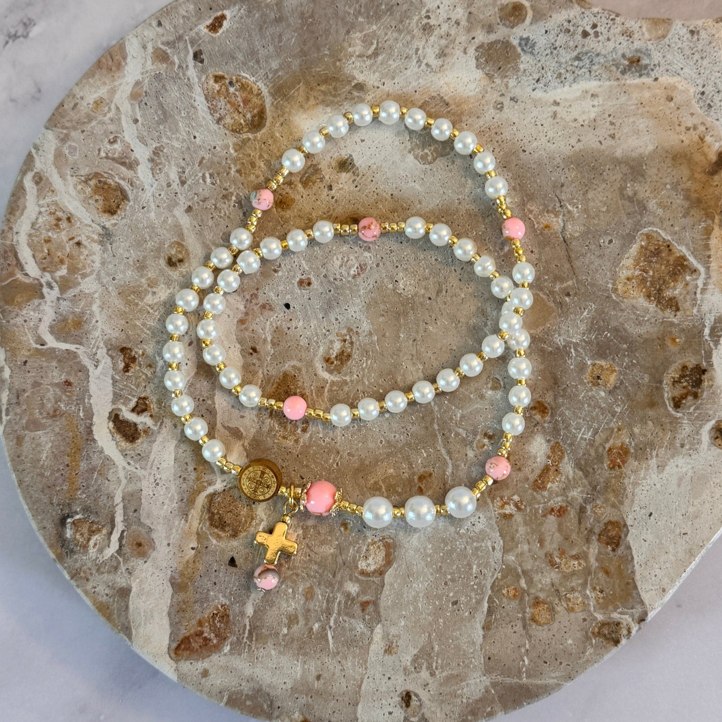 Pearl Beads & Pink Turquoise Rosary Bracelet