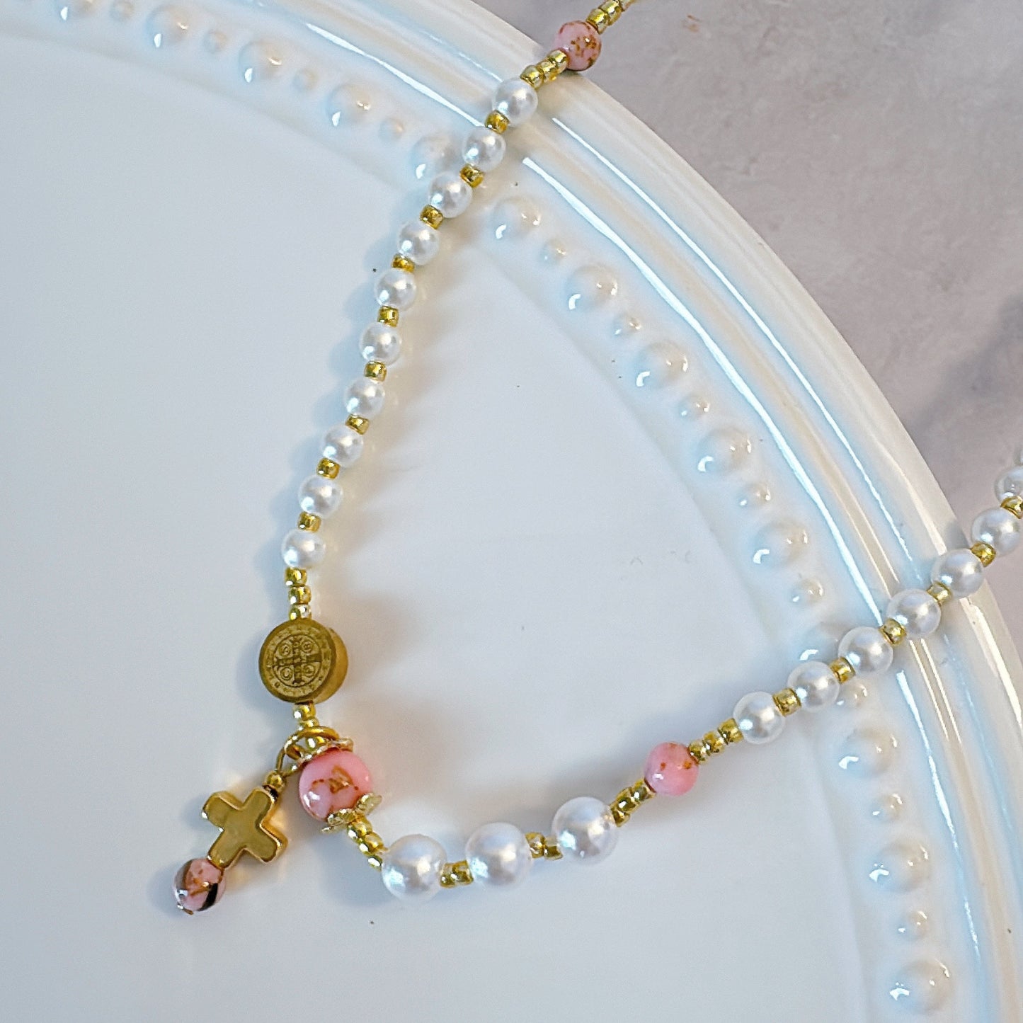 Pearl Beads & Pink Turquoise Rosary Bracelet