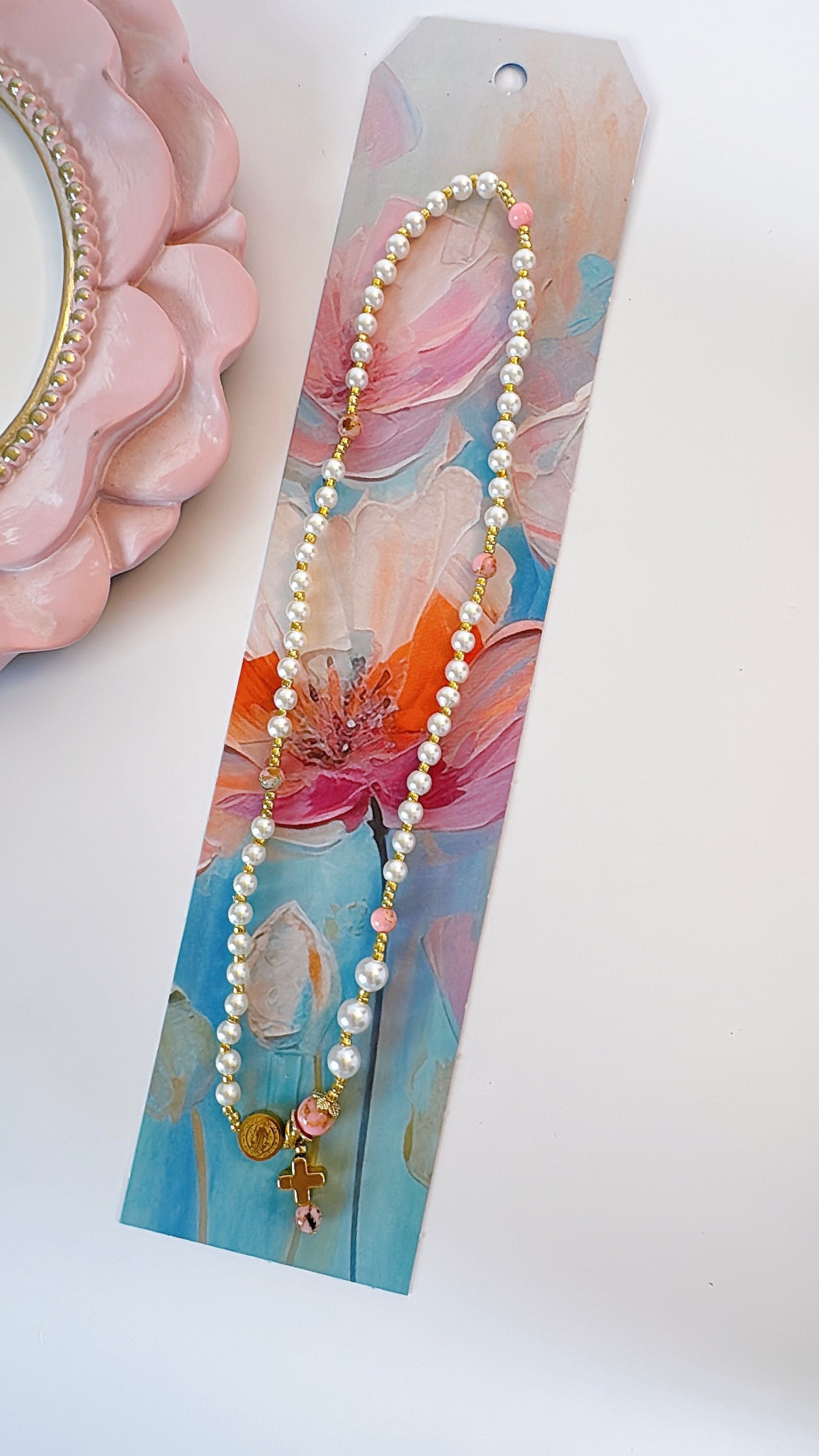 Pearl Beads & Pink Turquoise Rosary Bracelet