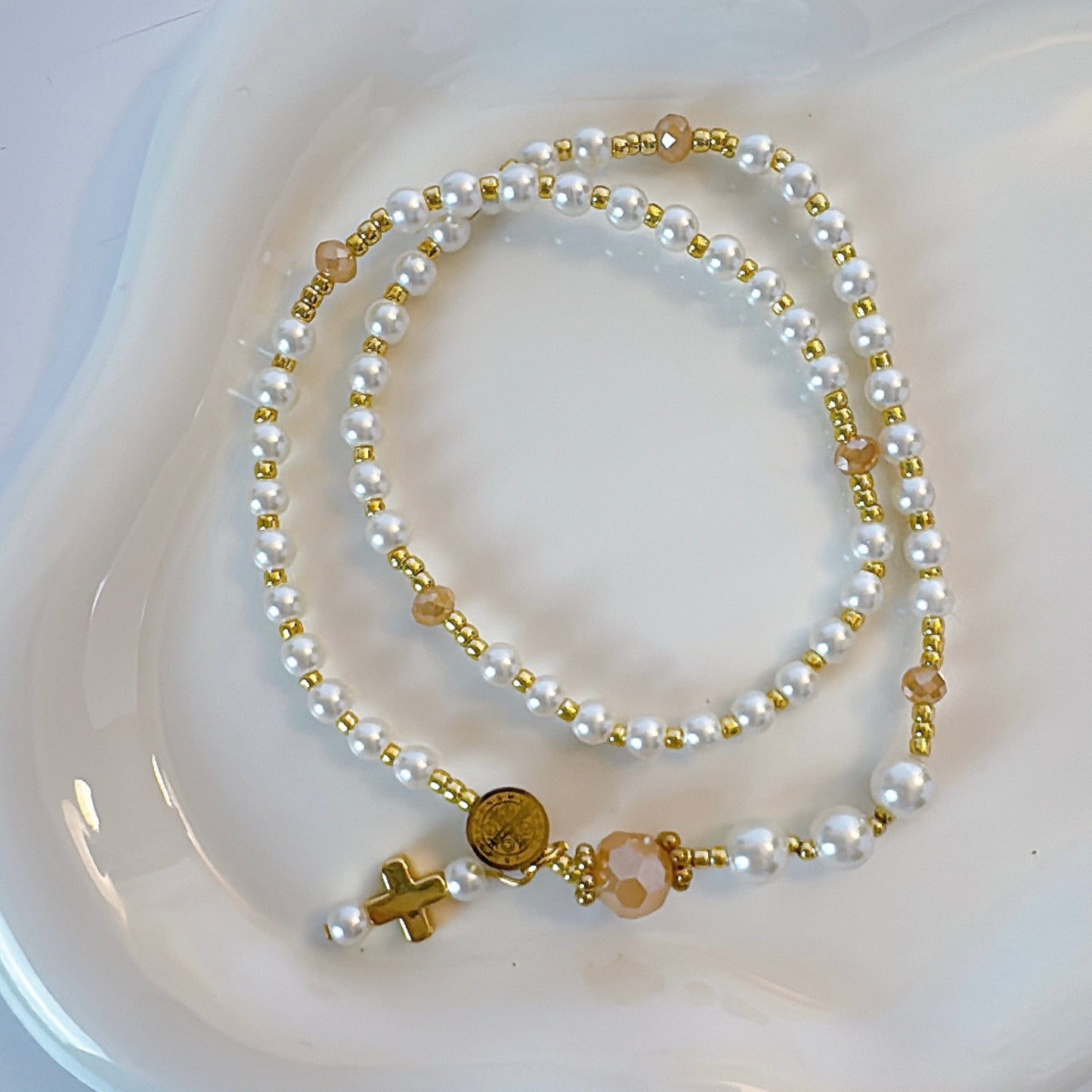 Pearl Beads & Faceted Beige Crystal Rosary Bracelet