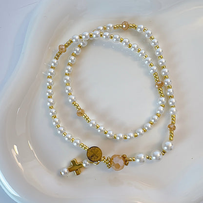 Pearl Beads & Faceted Beige Crystal Rosary Bracelet