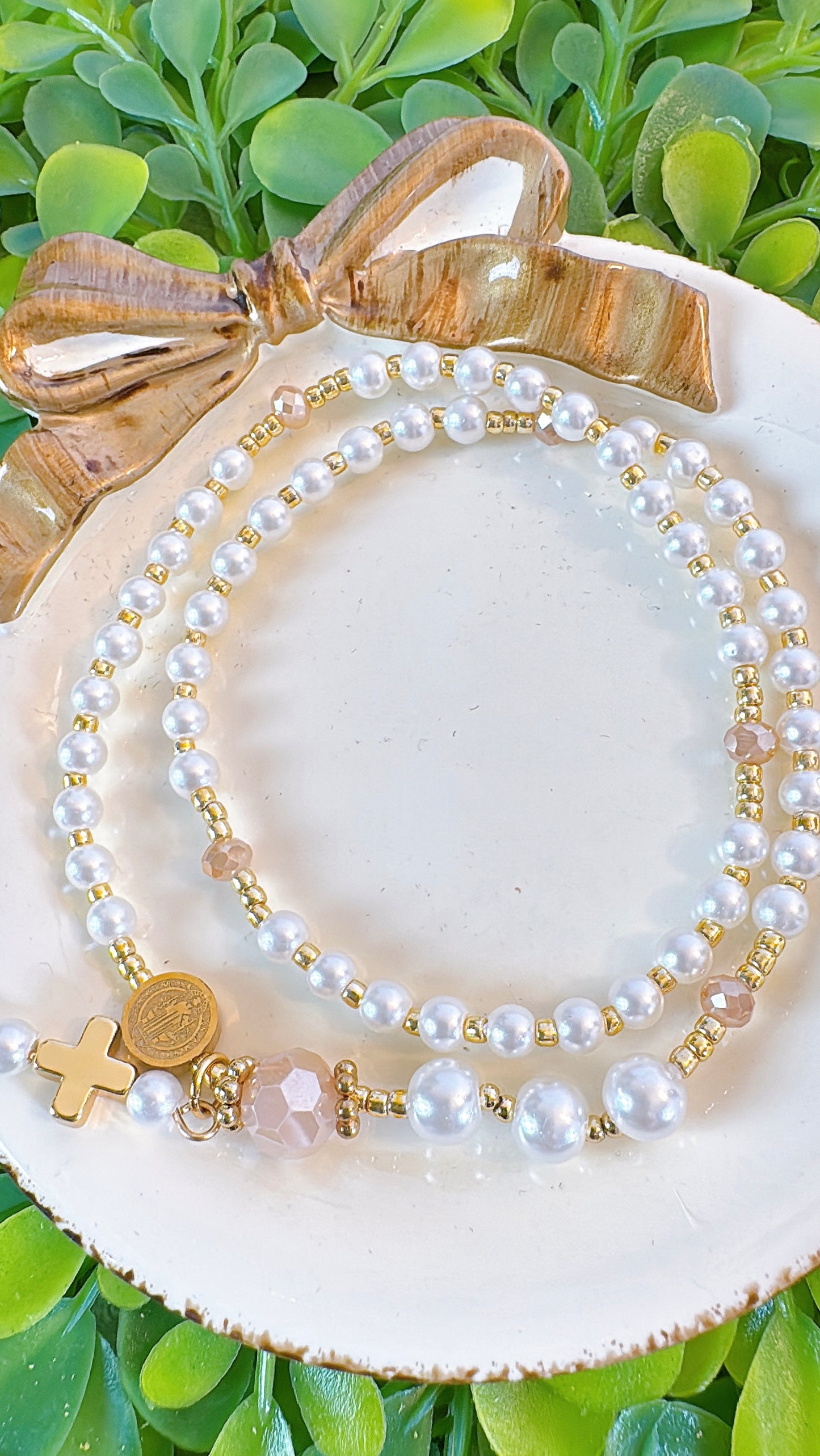 Pearl Beads & Faceted Beige Crystal Rosary Bracelet