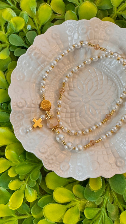 Pearl Beads & Faceted Beige Crystal Rosary Bracelet