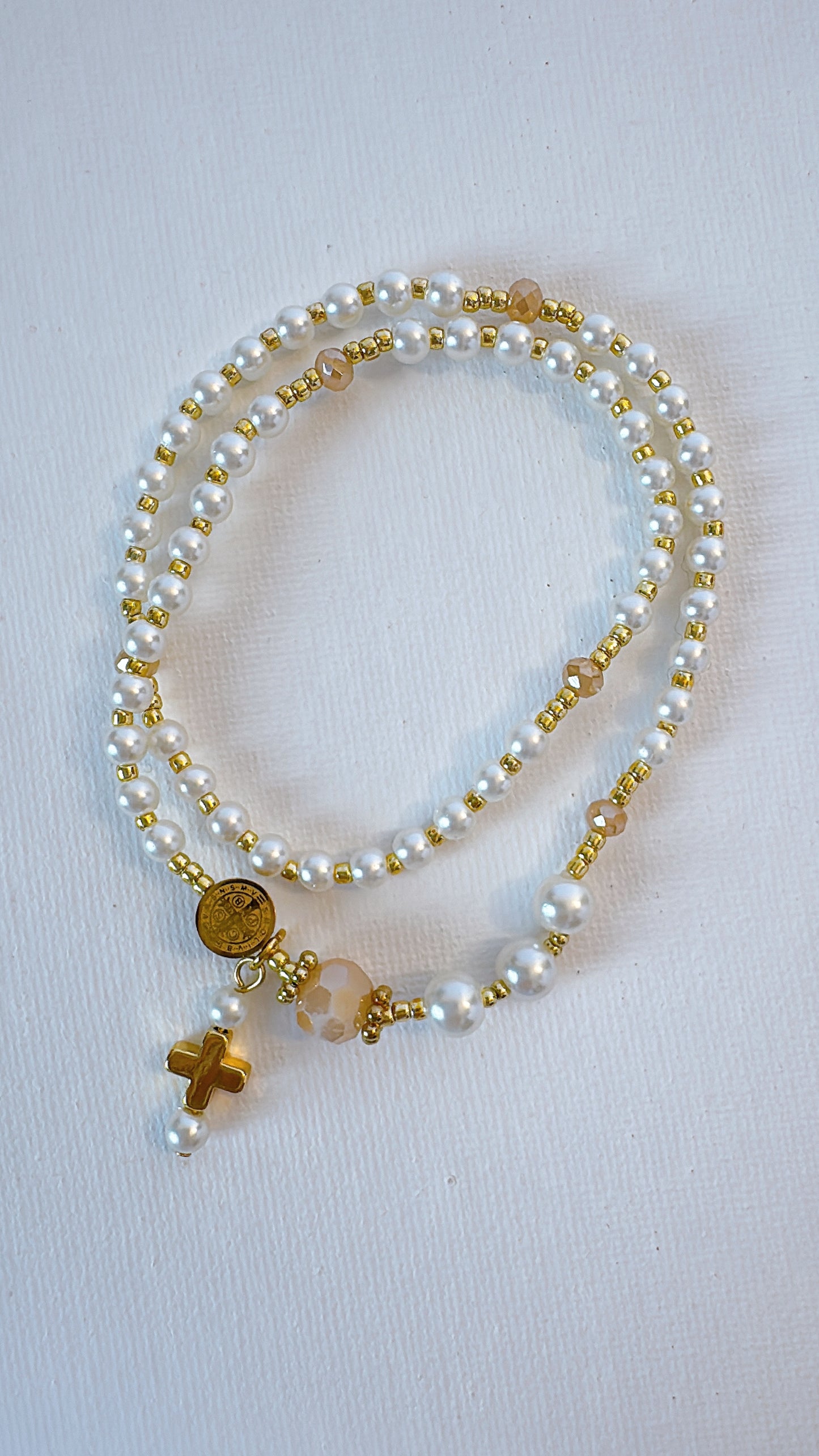 Pearl Beads & Faceted Beige Crystal Rosary Bracelet