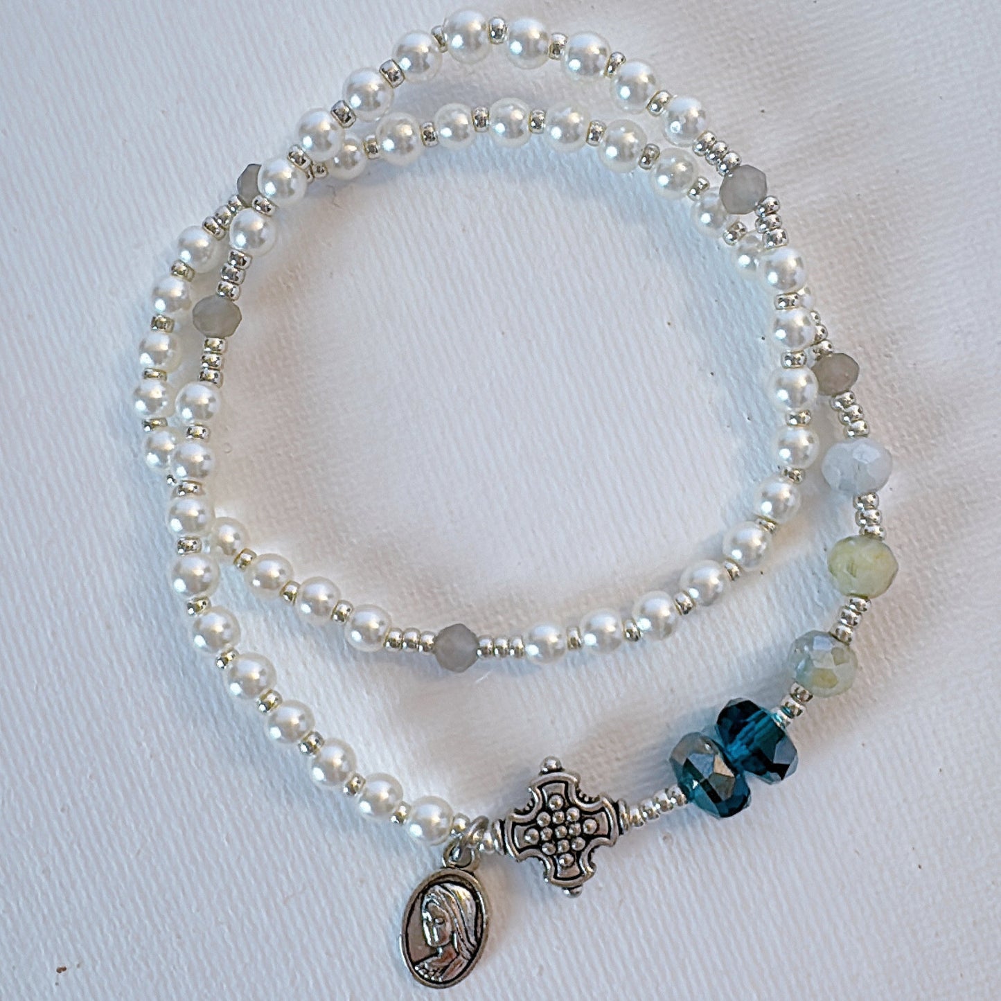 Pearl Beads & Turquoise Color Rondelle Crystal Rosary Bracelet