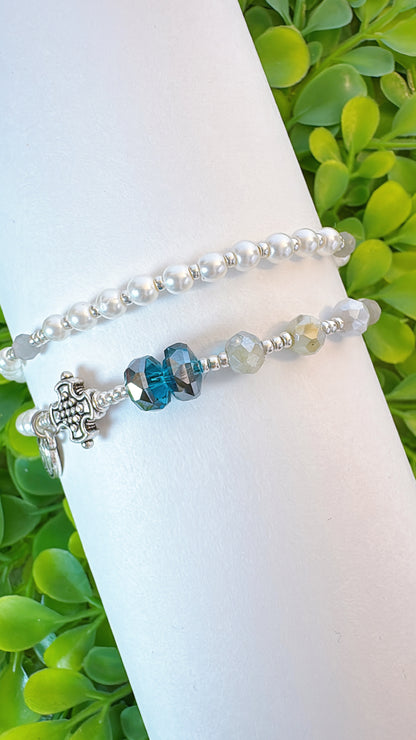 Pearl Beads & Turquoise Color Rondelle Crystal Rosary Bracelet