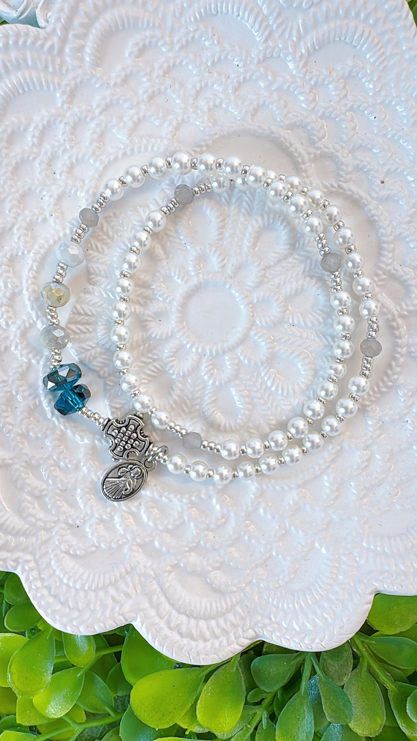 Pearl Beads & Turquoise Color Rondelle Crystal Rosary Bracelet