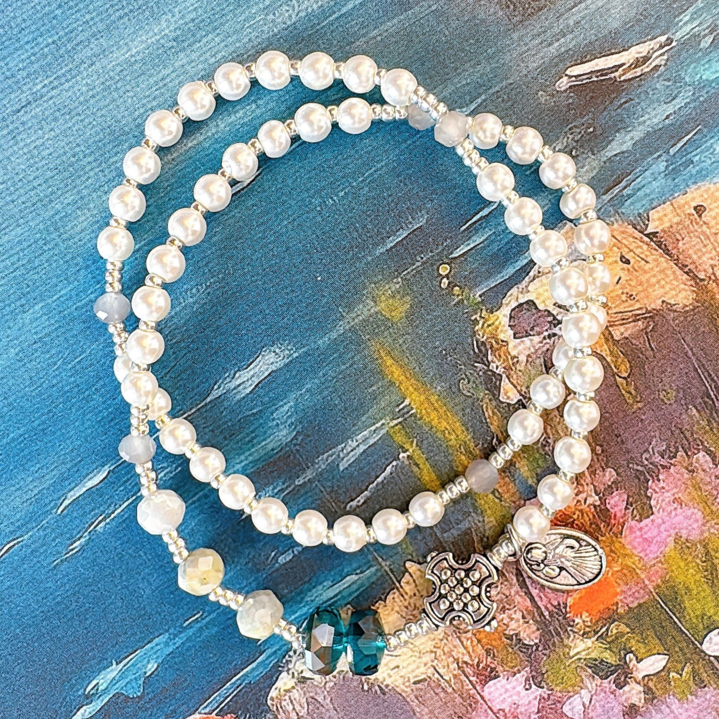 Pearl Beads & Turquoise Color Rondelle Crystal Rosary Bracelet