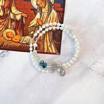 Pearl Beads & Turquoise Color Rondelle Crystal Rosary Bracelet