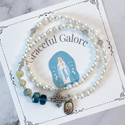 Pearl Beads & Turquoise Color Rondelle Crystal Rosary Bracelet