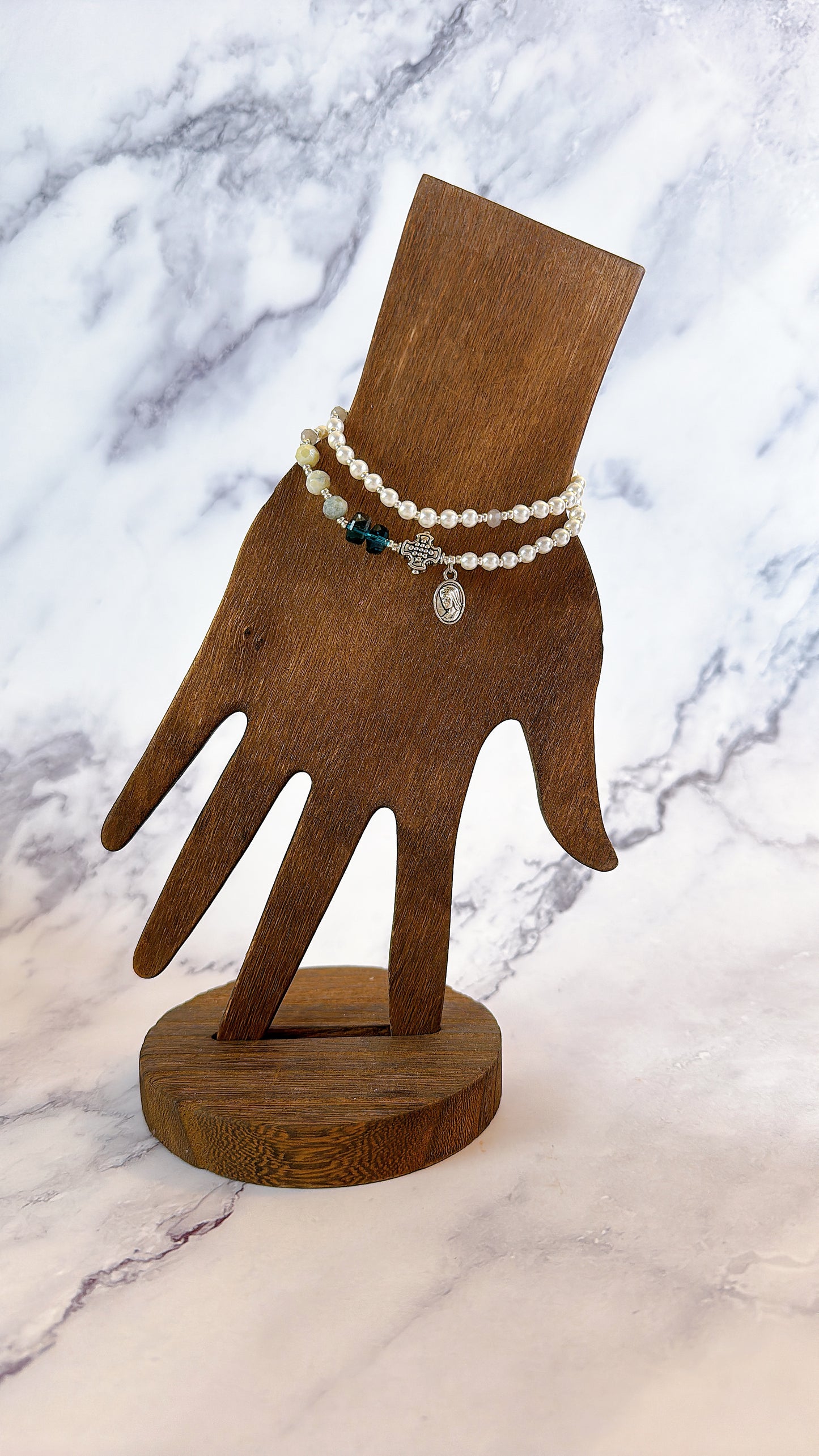 Pearl Beads & Turquoise Color Rondelle Crystal Rosary Bracelet