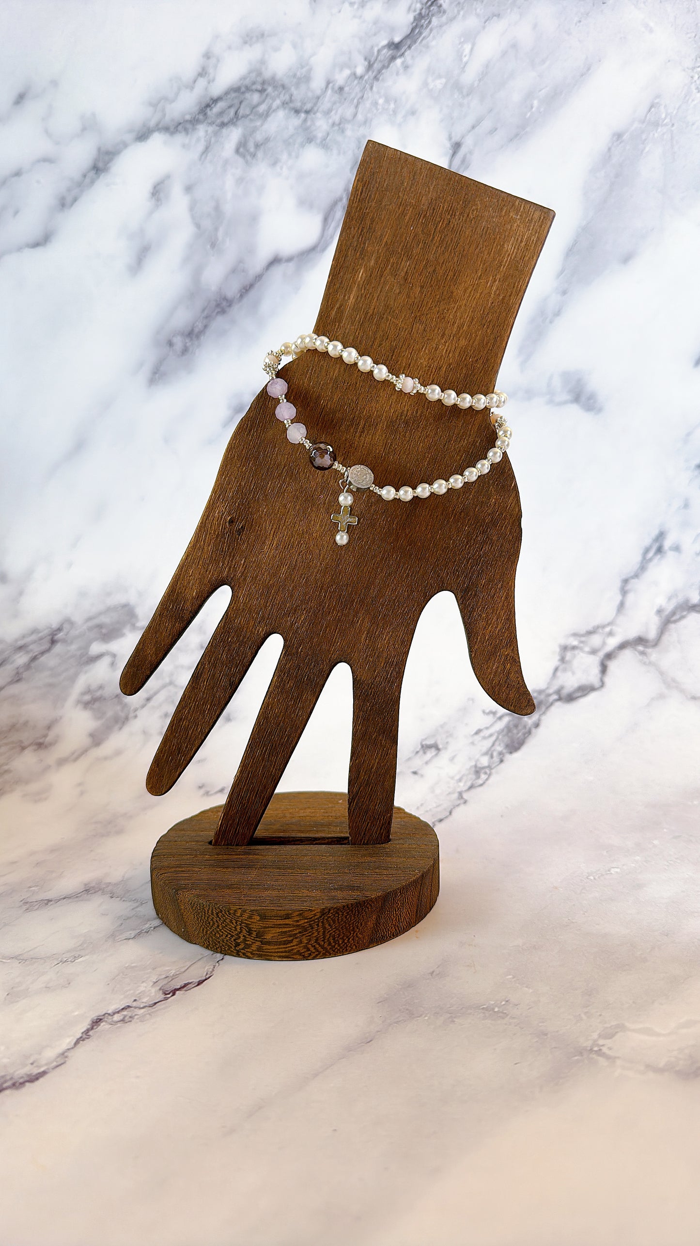 Pearl Beads & Purple Jade Rosary Bracelet