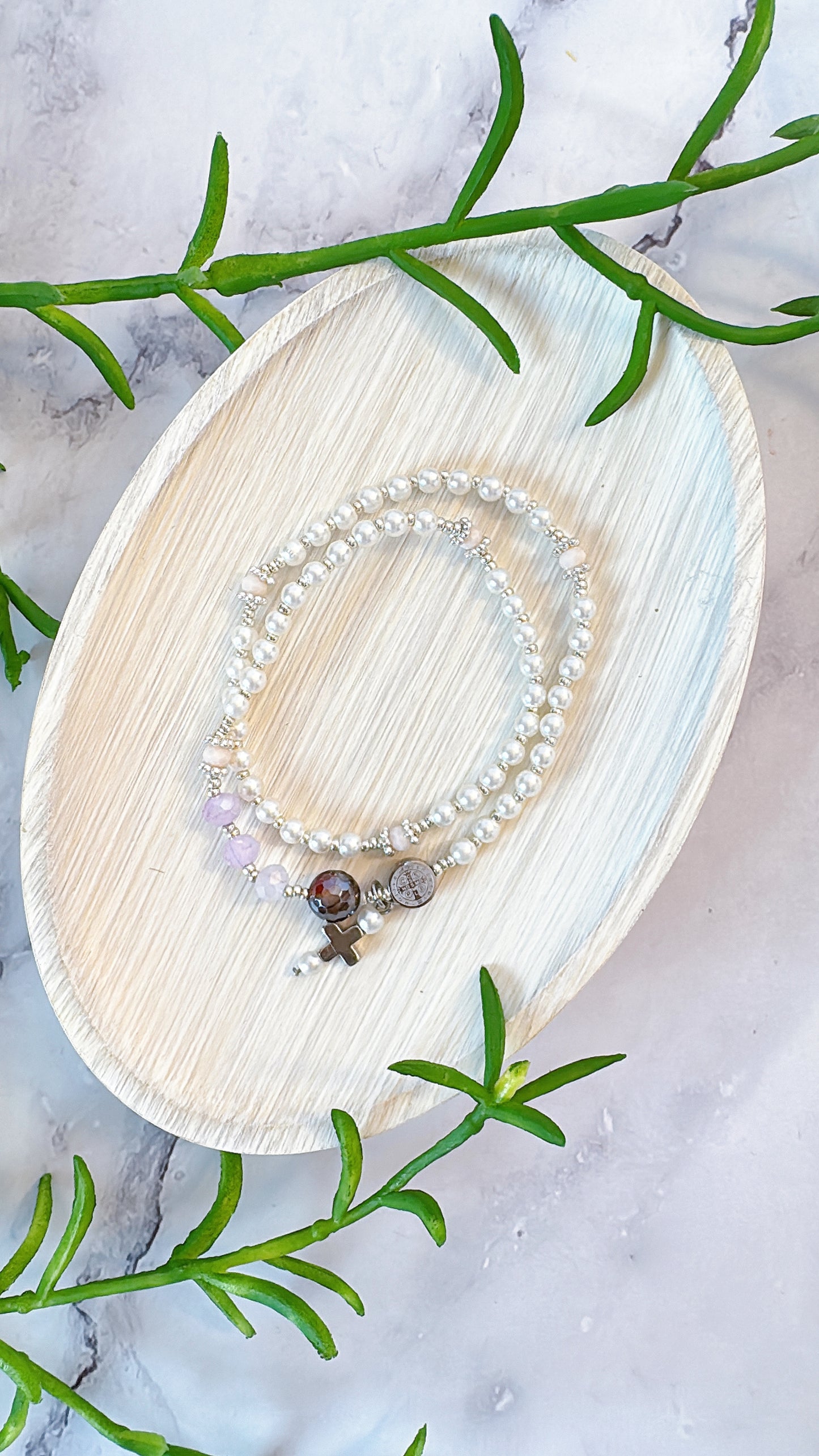 Pearl Beads & Purple Jade Rosary Bracelet