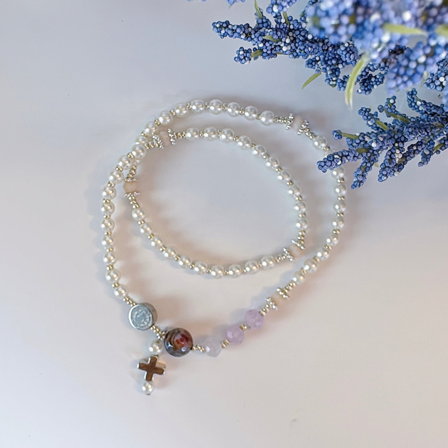 Pearl Beads & Purple Jade Rosary Bracelet