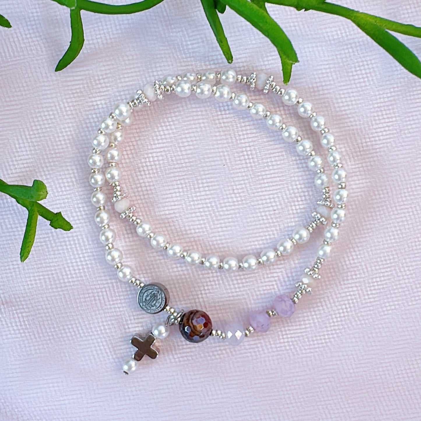 Pearl Beads & Purple Jade Rosary Bracelet