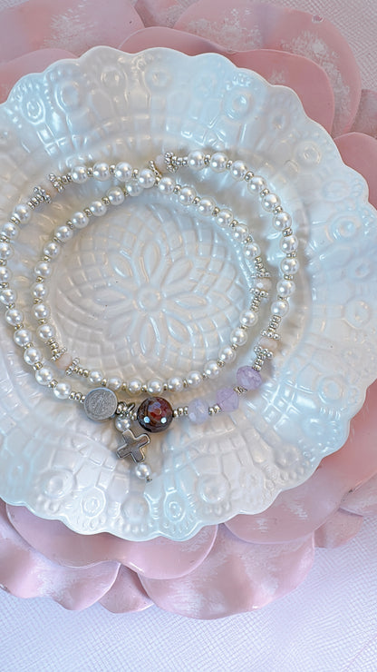 Pearl Beads & Purple Jade Rosary Bracelet