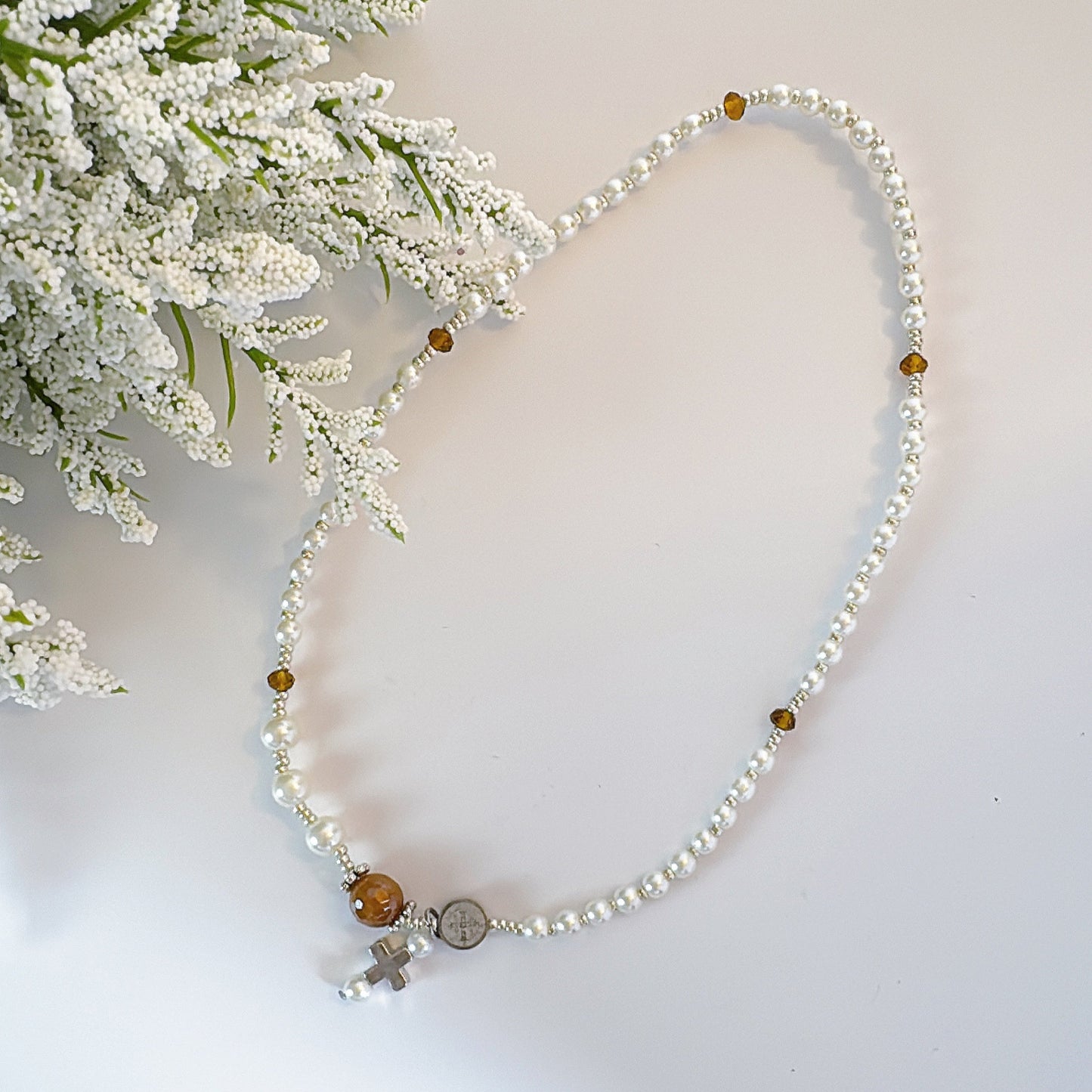 Pearl Beads & Brown Crystal Rosary Bracelet