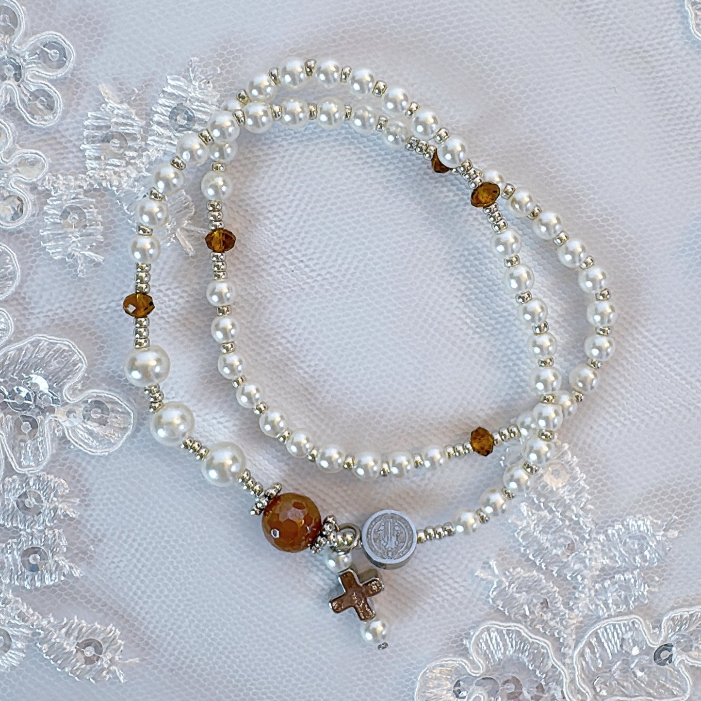 Pearl Beads & Brown Crystal Rosary Bracelet