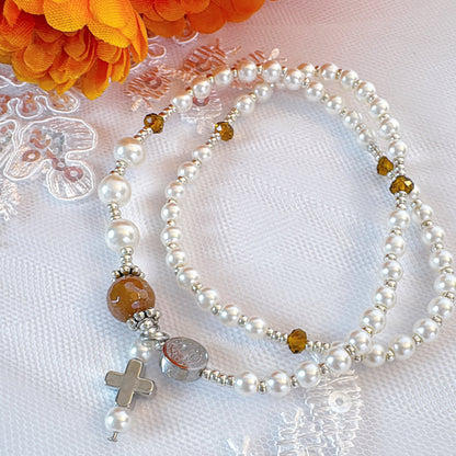 Pearl Beads & Brown Crystal Rosary Bracelet