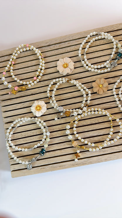 Pearl Beads & Faceted Beige Crystal Rosary Bracelet