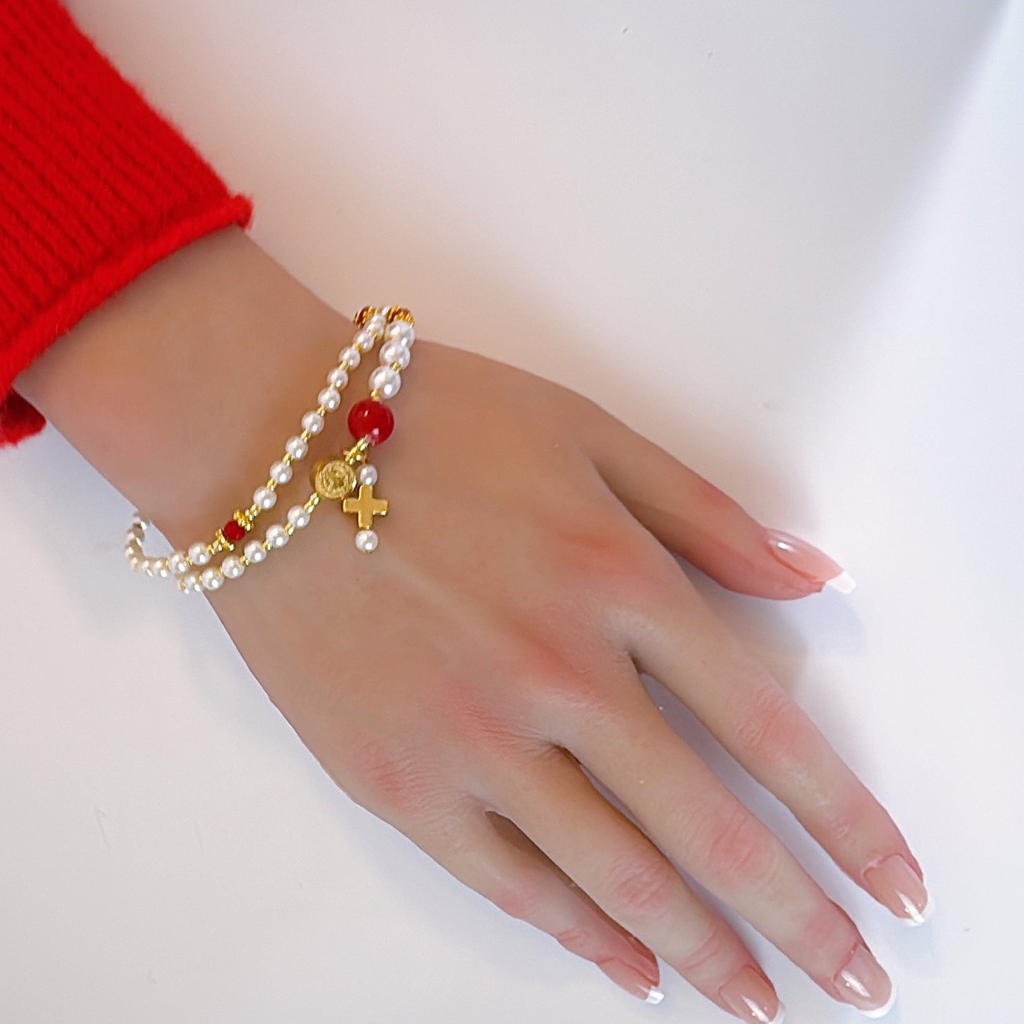 Pearl Beads with Red Crystal Rosary Bracelet