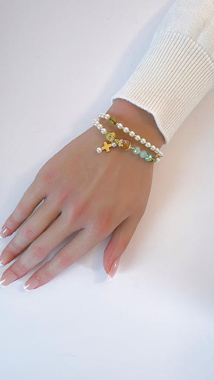 Pearl Beads with Green Gemstone Rosary Bracelet