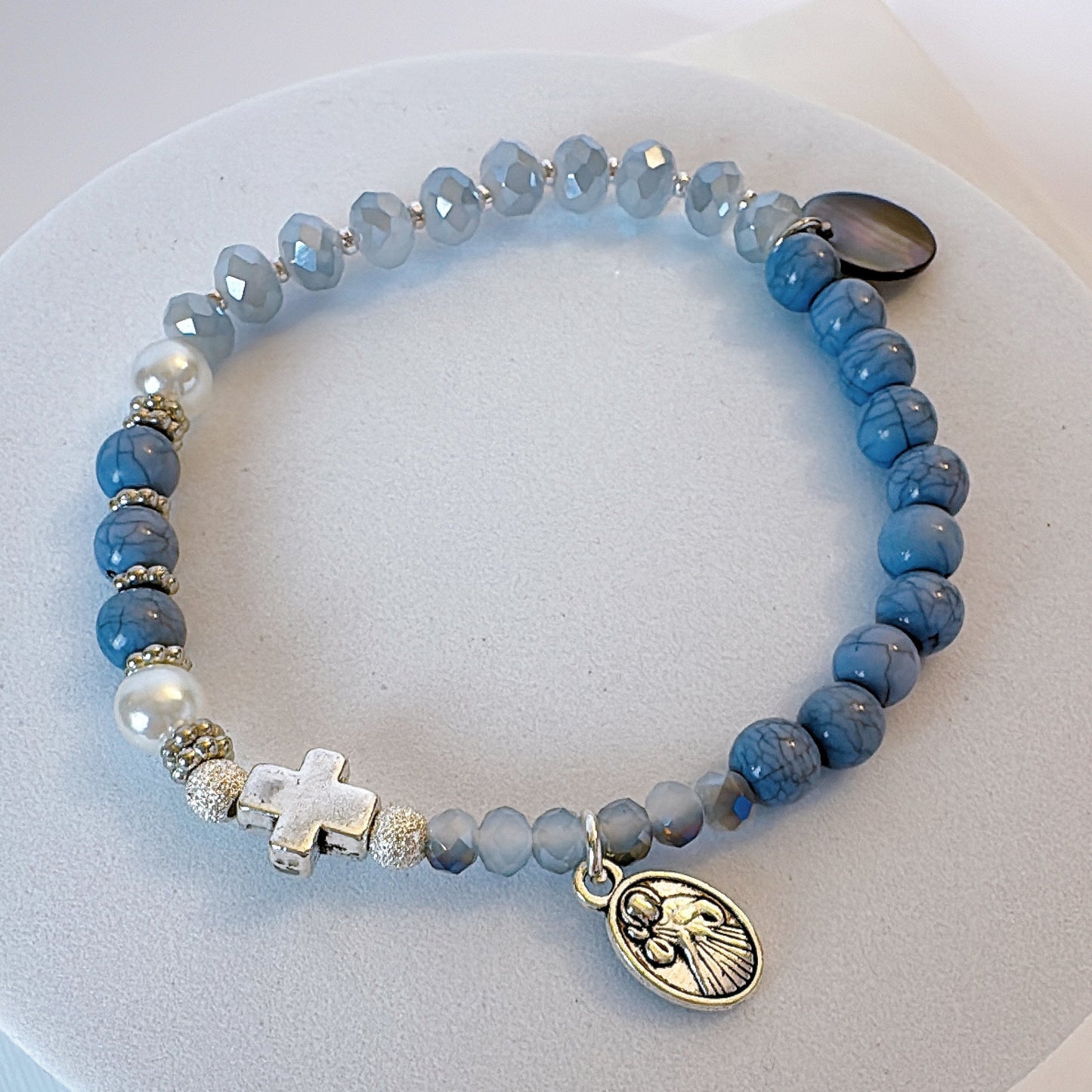 Milky Blue and Crystal AB Tow Decades Rosary Bracelet