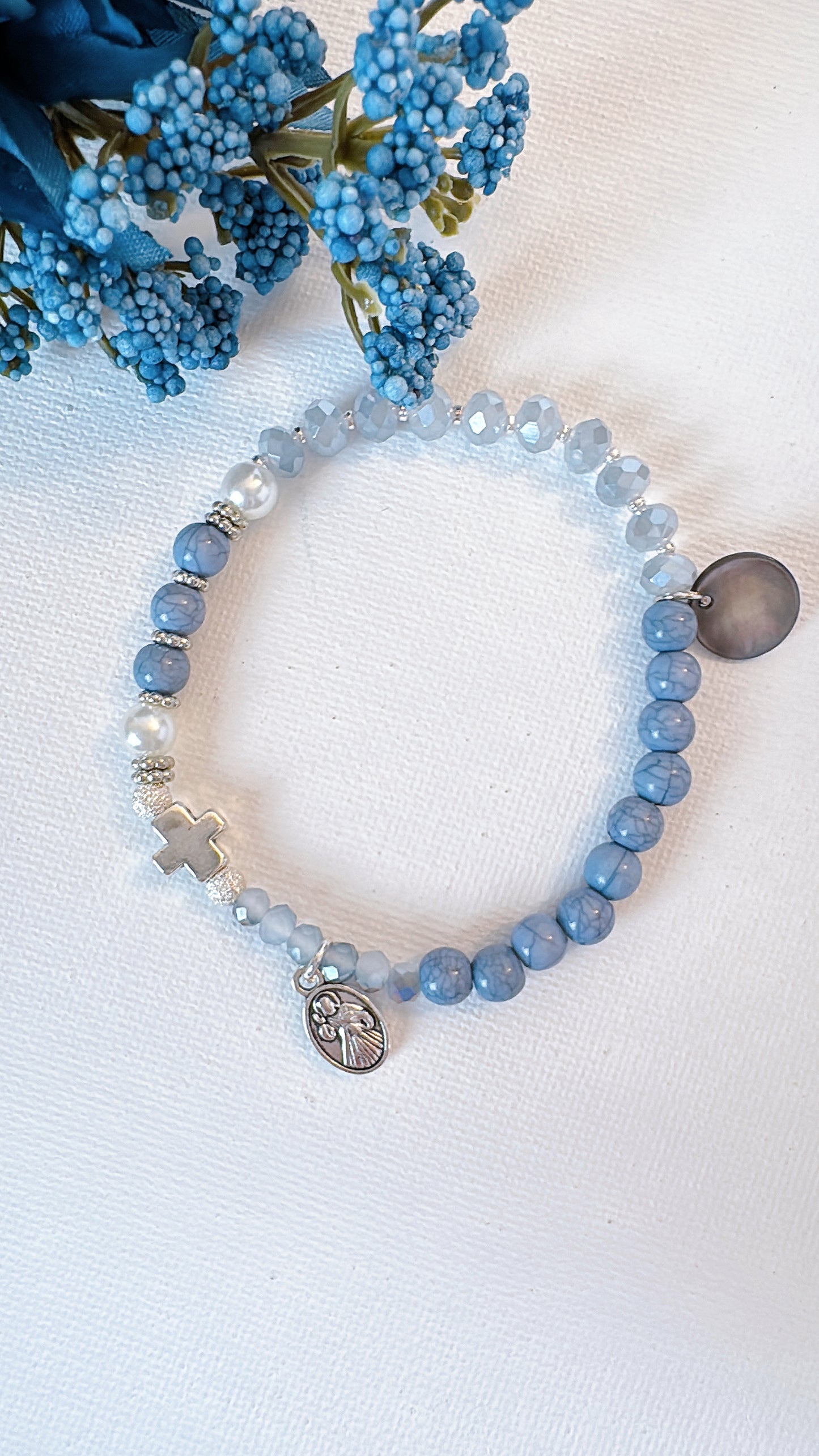 Milky Blue and Crystal AB Tow Decades Rosary Bracelet