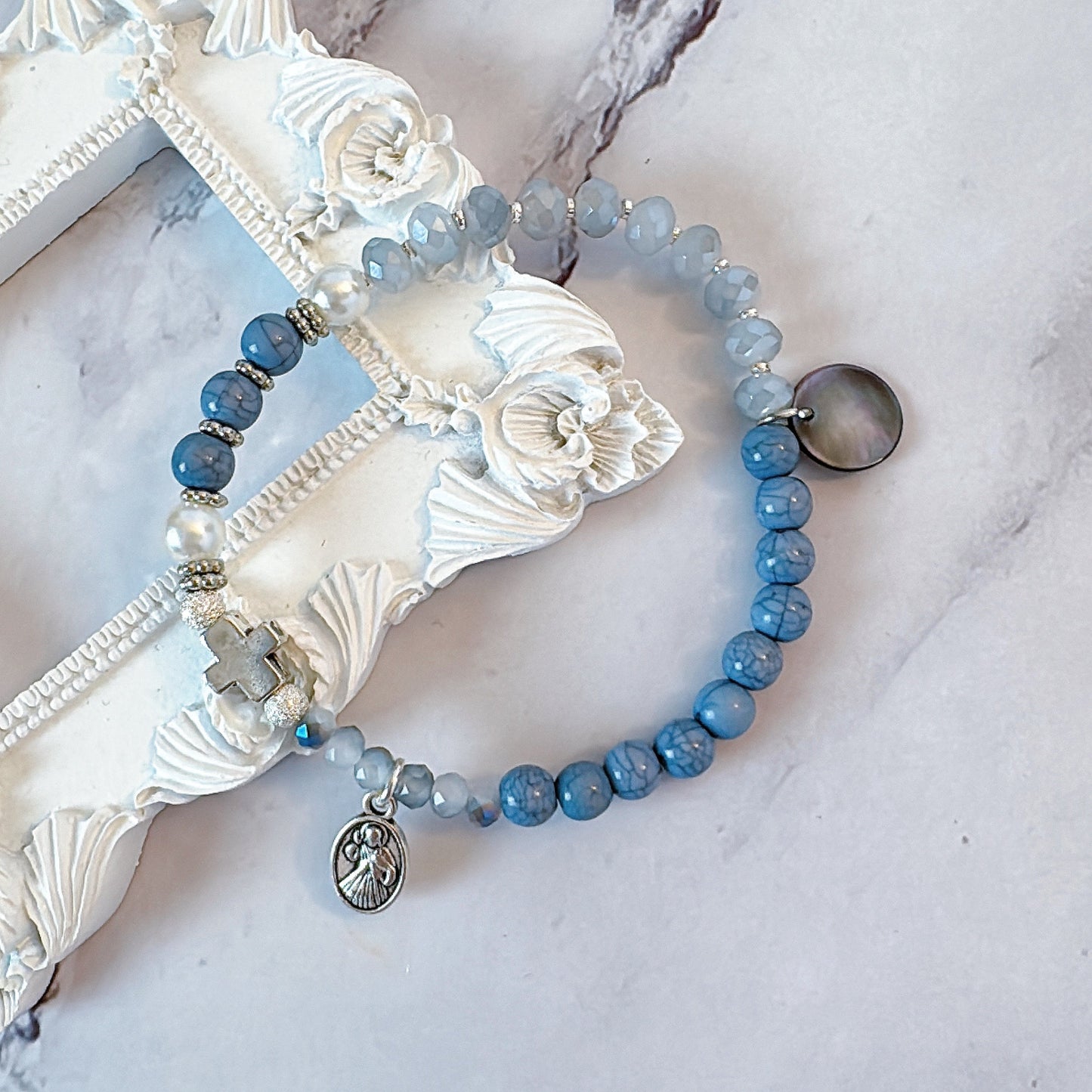 Milky Blue and Crystal AB Tow Decades Rosary Bracelet