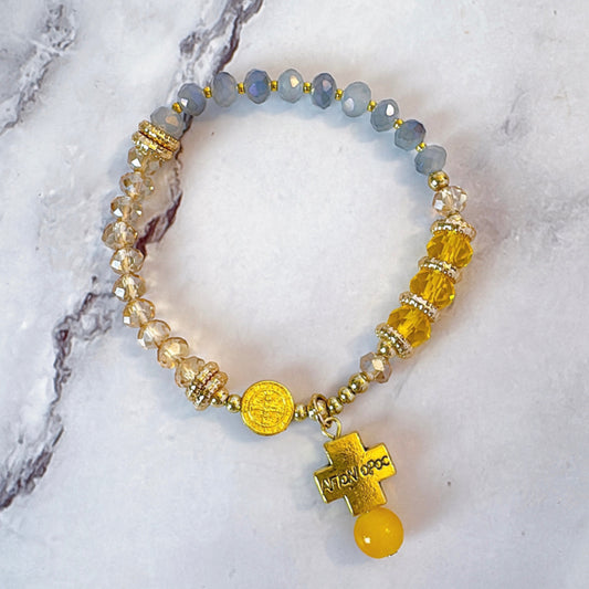 Sunny Yellow and Peach Crystal Double-Layer Elastic Rosary Bracelet