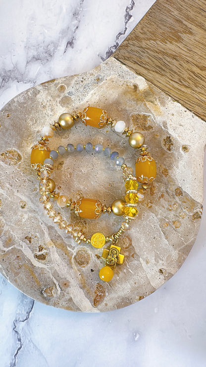 Sunny Yellow and Peach Crystal Double-Layer Elastic Rosary Bracelet