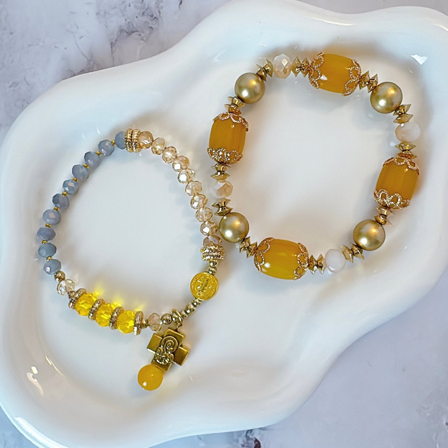 Sunny Yellow and Peach Crystal Double-Layer Elastic Rosary Bracelet