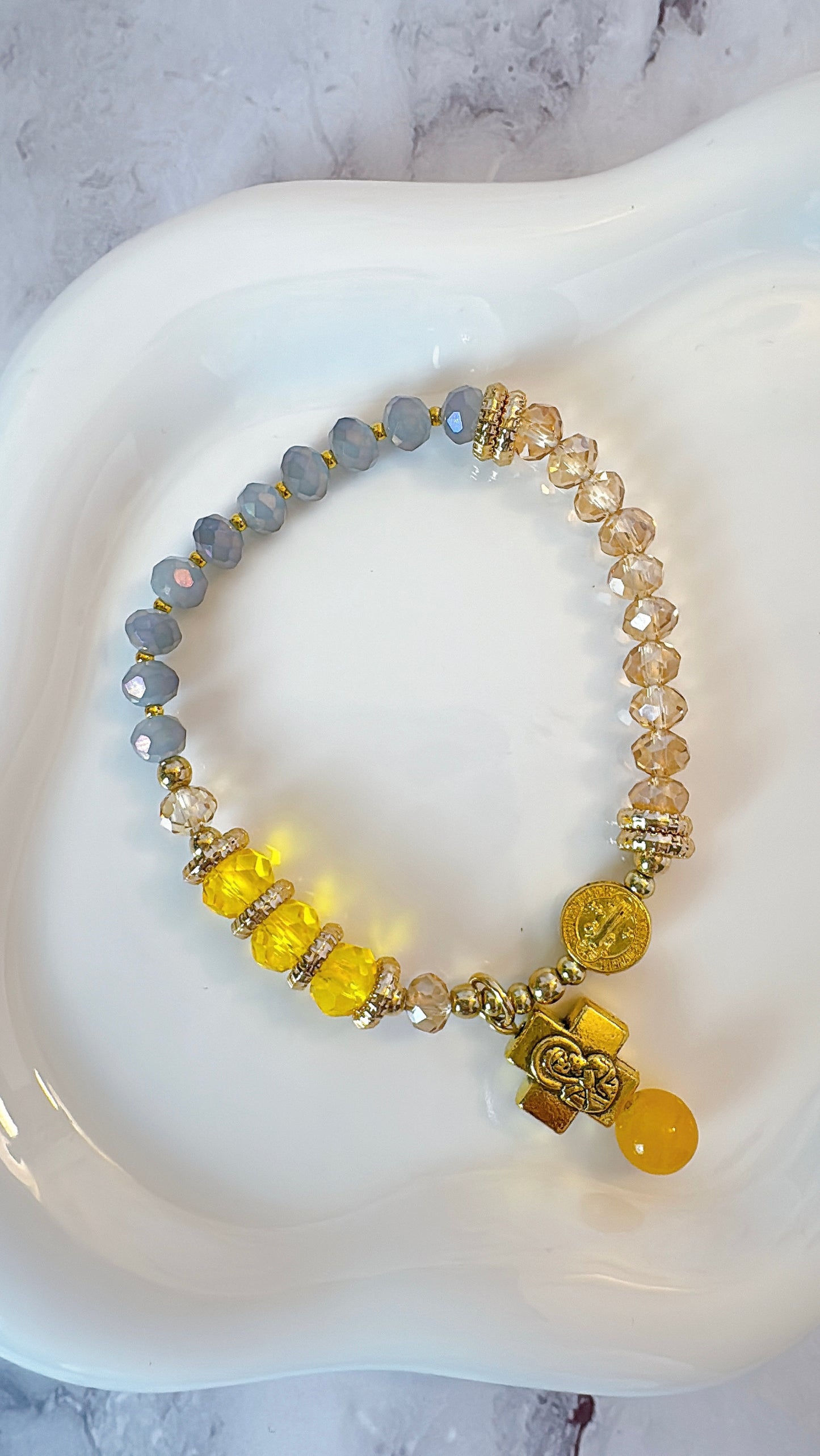 Sunny Yellow and Peach Crystal Double-Layer Elastic Rosary Bracelet