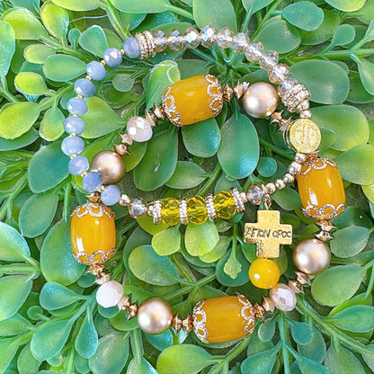 Sunny Yellow and Peach Crystal Double-Layer Elastic Rosary Bracelet