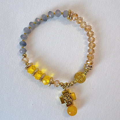 Sunny Yellow and Peach Crystal Double-Layer Elastic Rosary Bracelet