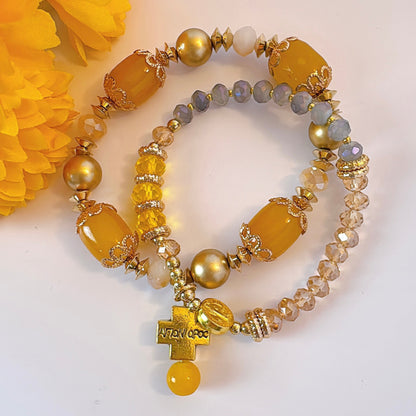 Sunny Yellow and Peach Crystal Double-Layer Elastic Rosary Bracelet