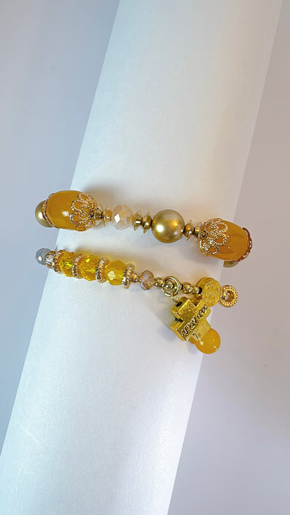 Sunny Yellow and Peach Crystal Double-Layer Elastic Rosary Bracelet