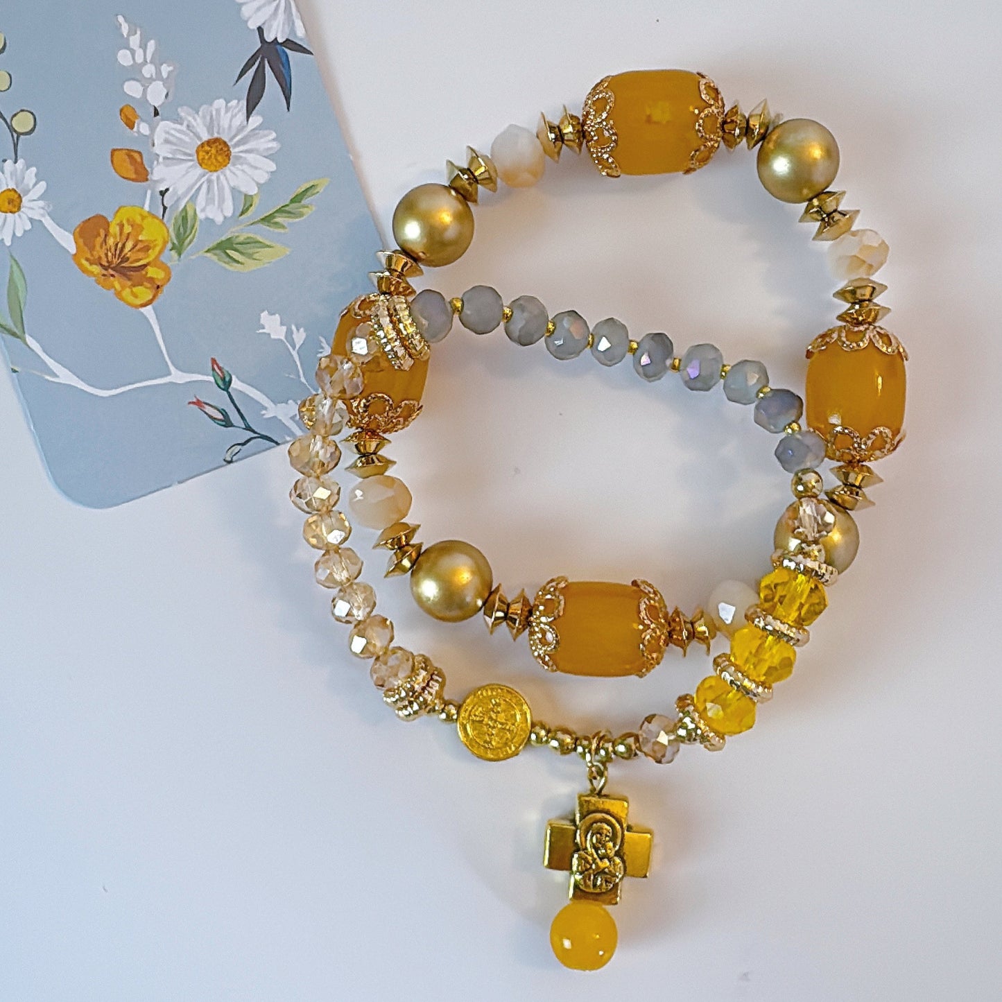 Sunny Yellow and Peach Crystal Double-Layer Elastic Rosary Bracelet