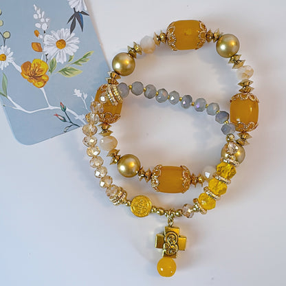 Sunny Yellow and Peach Crystal Double-Layer Elastic Rosary Bracelet