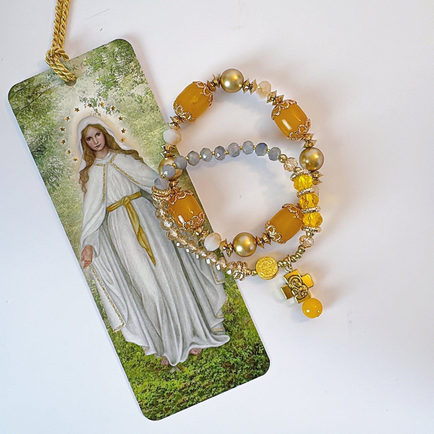 Sunny Yellow and Peach Crystal Double-Layer Elastic Rosary Bracelet