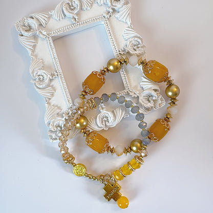 Sunny Yellow and Peach Crystal Double-Layer Elastic Rosary Bracelet