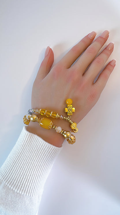 Sunny Yellow and Peach Crystal Double-Layer Elastic Rosary Bracelet