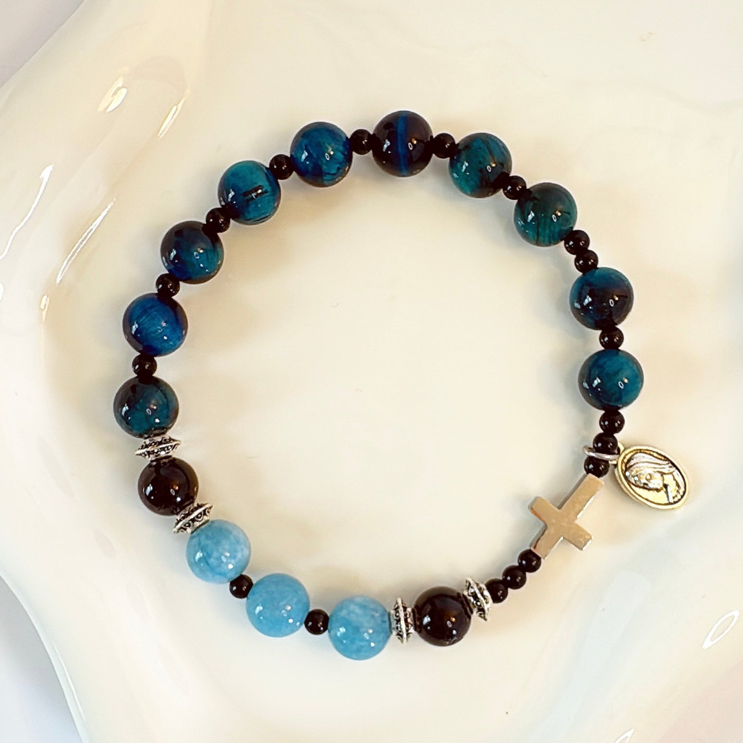8mm Aquamarine Tiger Eye One Decade Rosary Bracelet