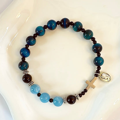 8mm Aquamarine Tiger Eye One Decade Rosary Bracelet